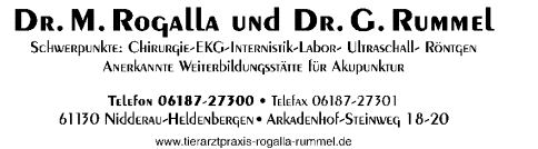 Dr. M. Rogalla und Dr. G. Rummel, Schwerpunkte: Chirurgie, EKG, Internistik, Labor, Ultraschall, Röntgen, Anerkannte Weiterbildungsstätte für Akupunktur. Telefon 06187-27300, Telefax 06187-27301, 61130 Niddderau-Heldenbergen. Arkadenhof / Steinweg 18-20